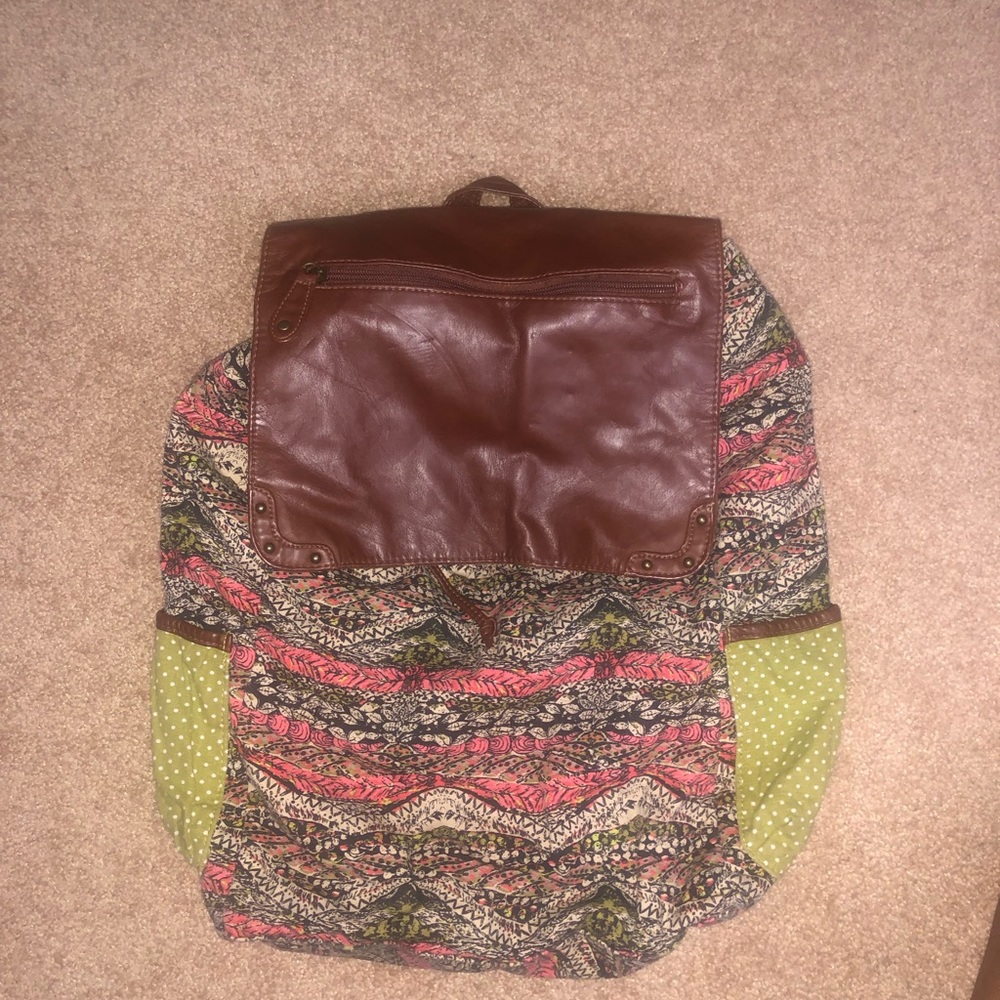 🎒Brown Cloth Backpack with Leather Details